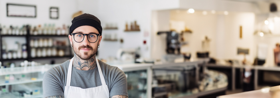 Confident tattooer master artist tattooed man wear apron hold hands crossed folded, machine black ink in jar, equipment for making tattoo art on body. Tattoo master inside of Tattoo shop. Proud owner entrepreneur copy space